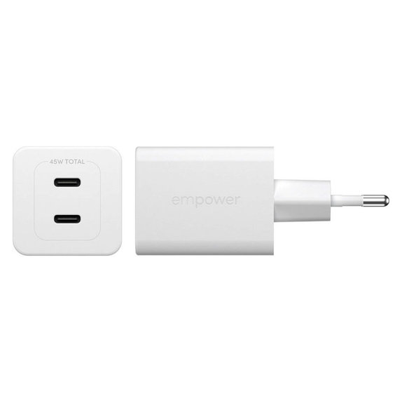 Пътен адаптер Grand Prix 2x USB-C, GaN, 45 W PD, Сребристо-бяло, empower