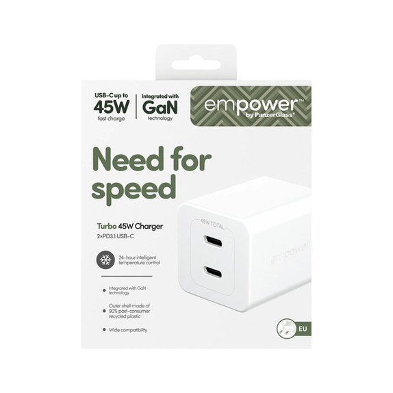 Пътен адаптер Grand Prix 2x USB-C, GaN, 45 W PD, Сребристо-бяло, empower