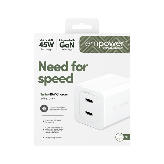 Пътен адаптер Grand Prix 2x USB-C, GaN, 45 W PD, Сребристо-бяло, empower