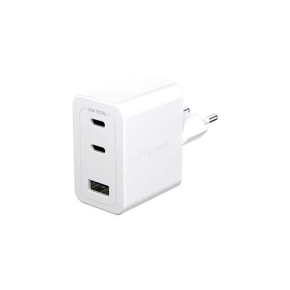 Пътен адаптер Grand Prix 2x USB-C/USB-A, GaN, 70 W PD, Сребристо-бяло, empower