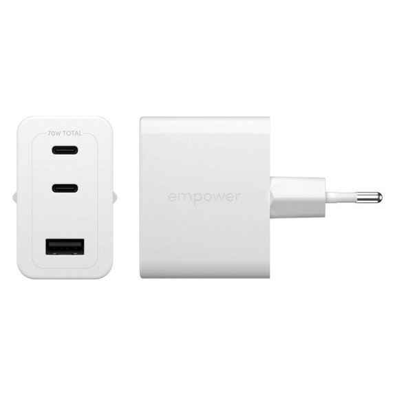 Пътен адаптер Grand Prix 2x USB-C/USB-A, GaN, 70 W PD, Сребристо-бяло, empower