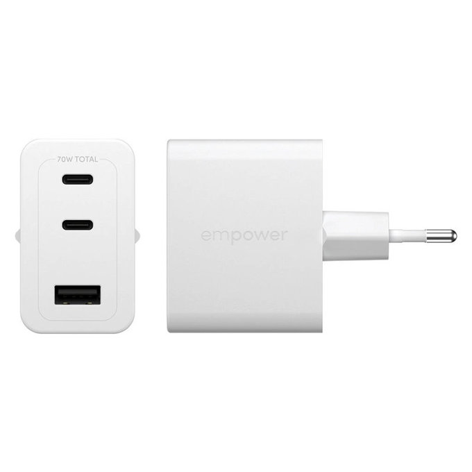Пътен адаптер Grand Prix 2x USB-C/USB-A, GaN, 70 W PD, Сребристо-бяло, empower