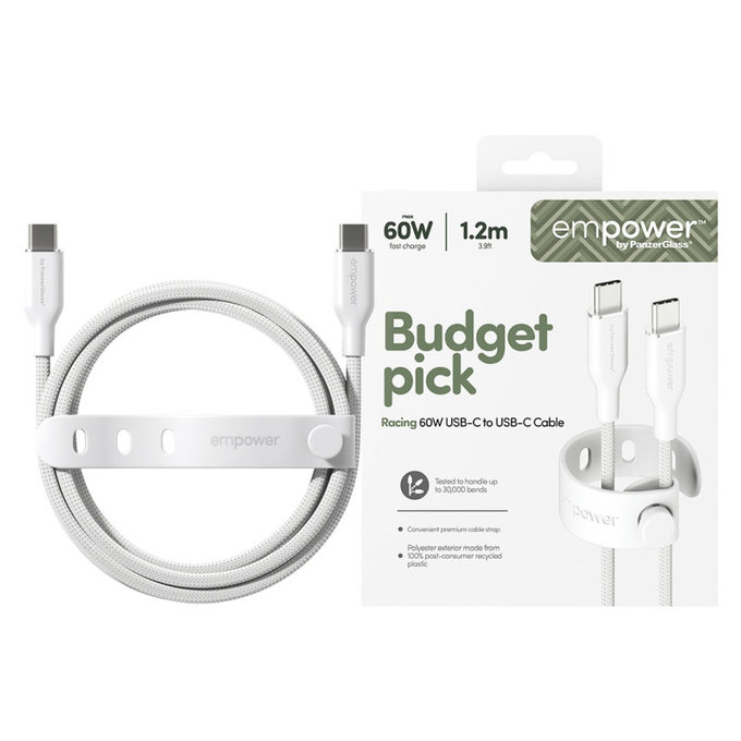 USB-C кабел, 60 W, Racing, 1,2 m, сребристо-бял, empower