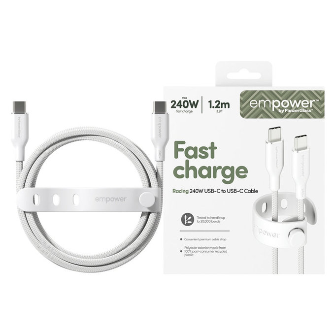 USB-C кабел, 240 W, Racing, 1,2 m, сребристо-бял, empower