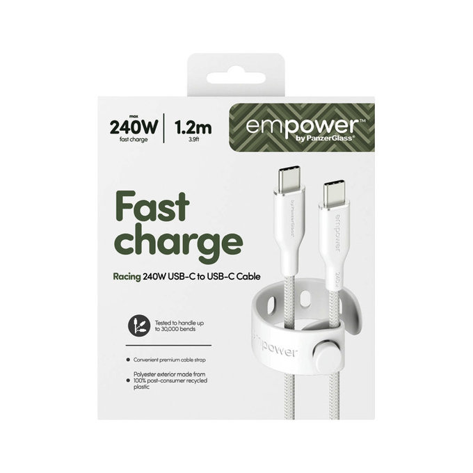 USB-C кабел, 240 W, Racing, 1,2 m, сребристо-бял, empower