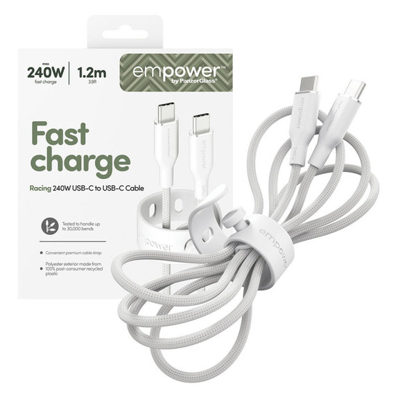 USB-C кабел, 240 W, Racing, 1,2 m, сребристо-бял, empower