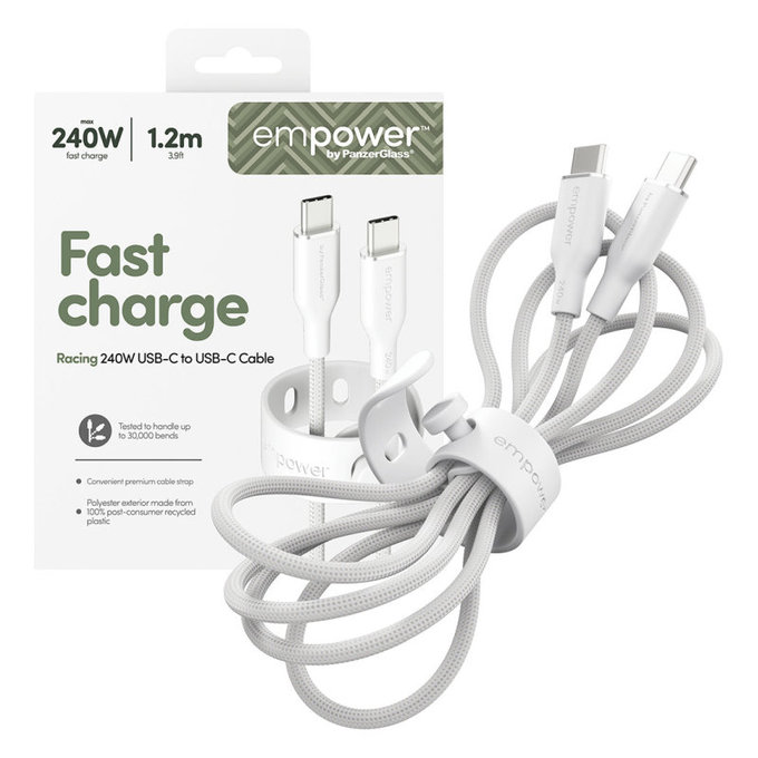 USB-C кабел, 240 W, Racing, 1,2 m, сребристо-бял, empower