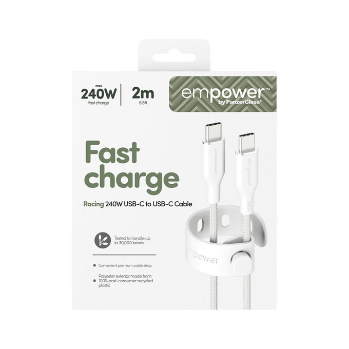 USB-C кабел, 240 W, Racing, 2 m, Сребристо-бяло, PanzerGlass