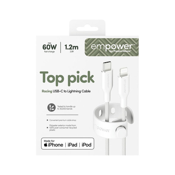 USB-C/Lightning кабел, 60 W, Racing, 1, 2 m, Сребристо-бяло, PanzerGlass