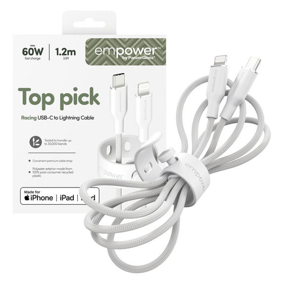 USB-C/Lightning кабел, 60 W, Racing, 1, 2 m, Сребристо-бяло, PanzerGlass