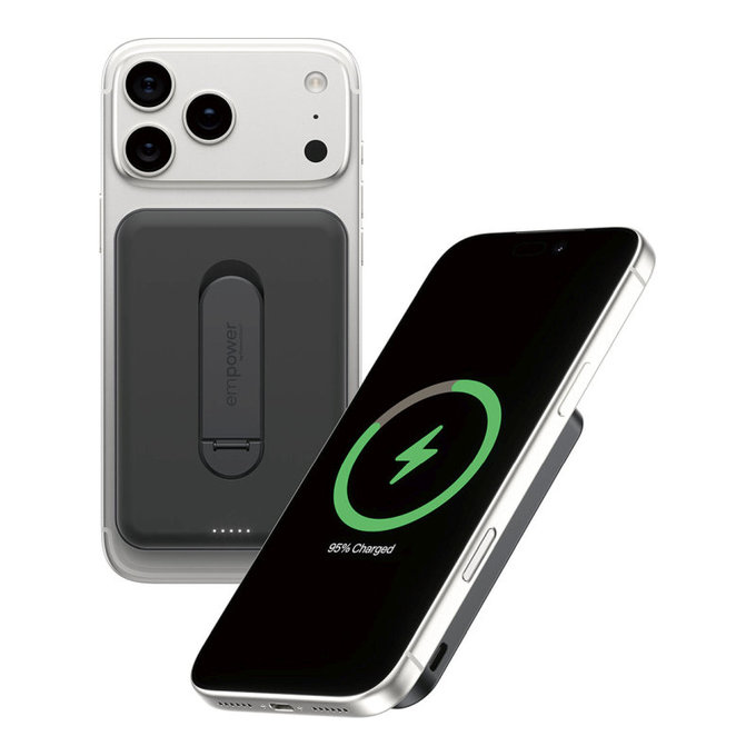 Безжичен PowerBank 5000 mAh с въртяща се стойка, 20 W, съвместим с MagSafe, Qi2/USB-C, Space Black, empower