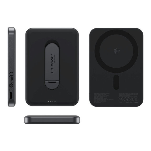 Безжичен PowerBank 5000 mAh с въртяща се стойка, 20 W, съвместим с MagSafe, Qi2/USB-C, Space Black, empower