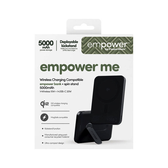 Безжичен PowerBank 5000 mAh с въртяща се стойка, 20 W, съвместим с MagSafe, Qi2/USB-C, Space Black, empower