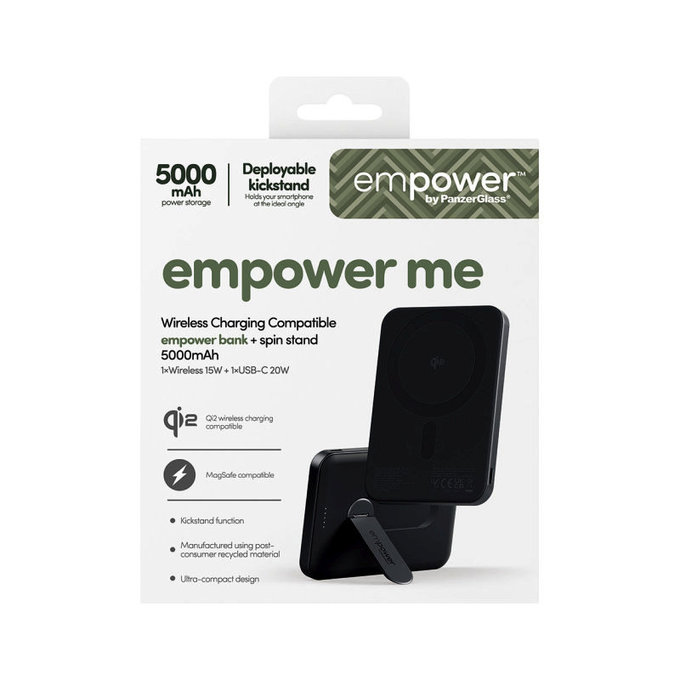 Безжичен PowerBank 5000 mAh с въртяща се стойка, 20 W, съвместим с MagSafe, Qi2/USB-C, Space Black, empower