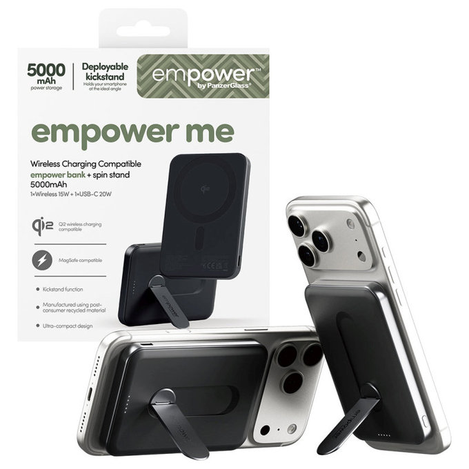 Безжичен PowerBank 5000 mAh с въртяща се стойка, 20 W, съвместим с MagSafe, Qi2/USB-C, Space Black, empower