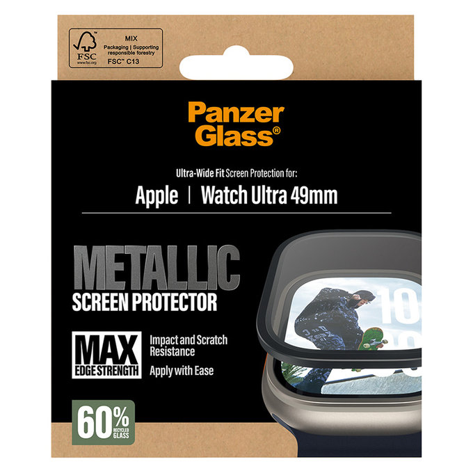 Закалено стъкло UWF METALLIC за Apple Watch Ultra 49 mm, Черно, PanzerGlass