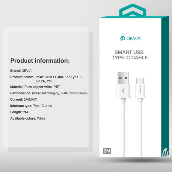 Кабел USB / USB-C Smart, 2.1A, 2m, бял, Devia