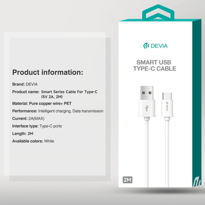 Кабел USB / USB-C Smart, 2.1A, 2m, бял, Devia
