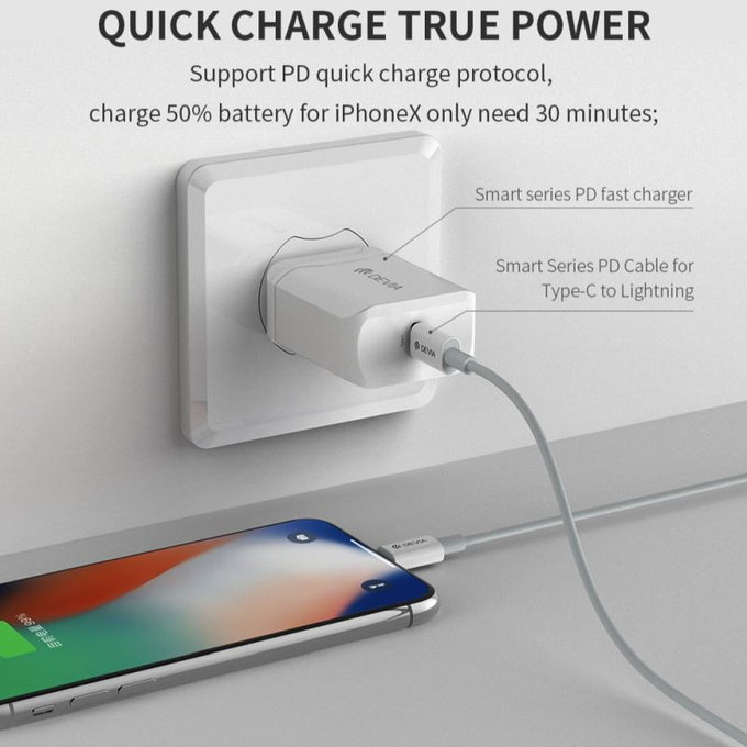 Кабел Lightning / USB-C Smart, PD 20W, 1m, бял, Devia