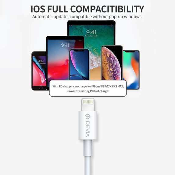 Кабел Lightning / USB-C Smart, PD 20W, 1m, бял, Devia