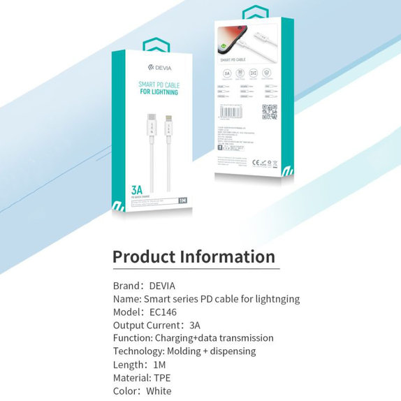 Кабел Lightning / USB-C Smart, PD 20W, 1m, бял, Devia