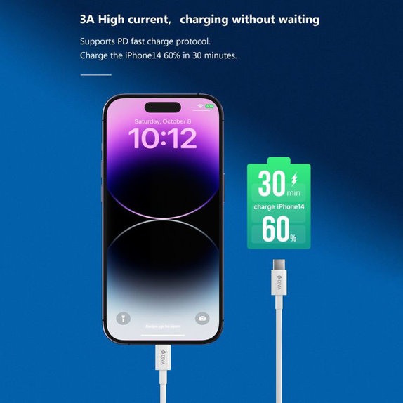 Кабел Lightning / USB-C Smart, PD 27W, 2m, бял, Devia