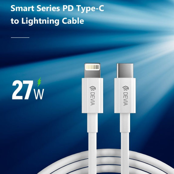 Кабел Lightning / USB-C Smart, PD 27W, 2m, бял, Devia