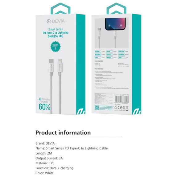 Кабел Lightning / USB-C Smart, PD 27W, 2m, бял, Devia
