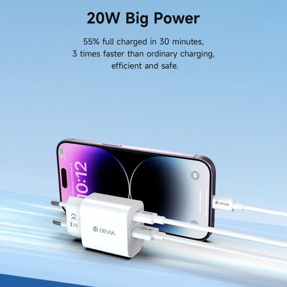 Зарядно Smart USB-C + USB-A, PD 20W, бяло, Devia
