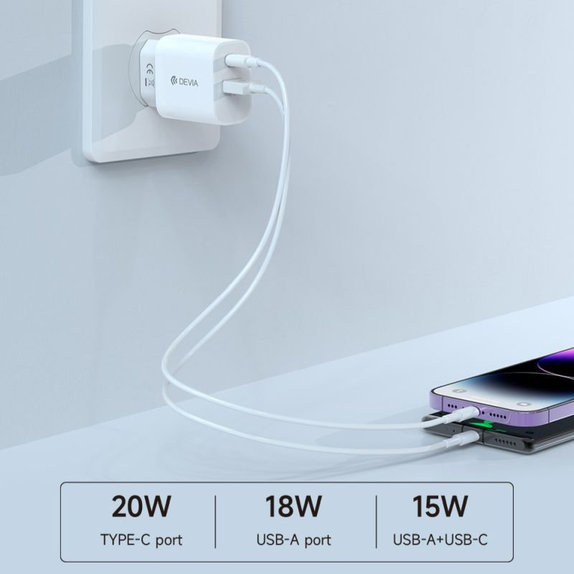 Зарядно Smart USB-C + USB-A, PD 20W, бяло, Devia