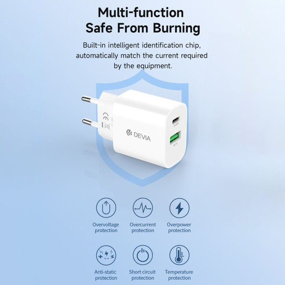 Зарядно Smart USB-C + USB-A, PD 20W, бяло, Devia