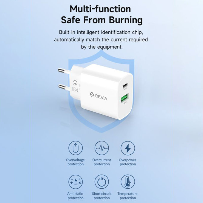 Зарядно Smart USB-C + USB-A, PD 20W, бяло, Devia