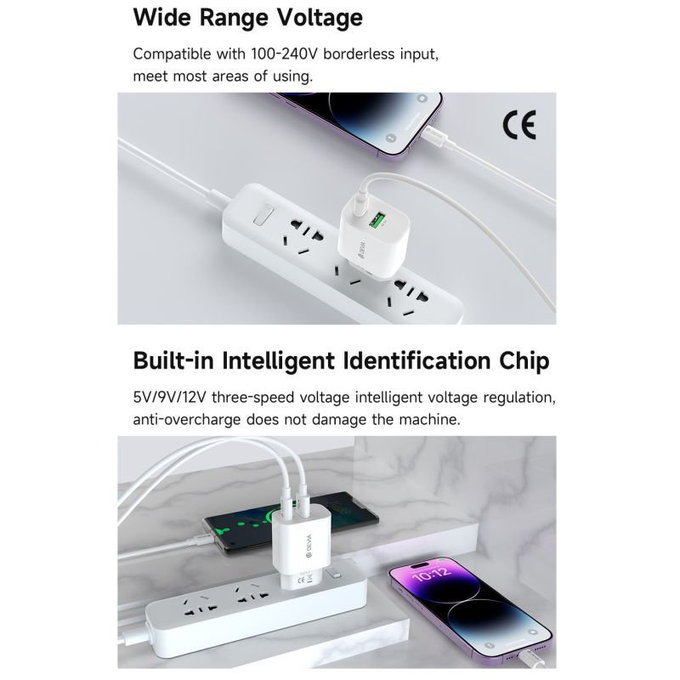 Зарядно Smart USB-C + USB-A, PD 20W, бяло, Devia