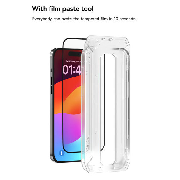 Закалено стъкло FullCover с апликатор за iPhone 15 Pro, Devia