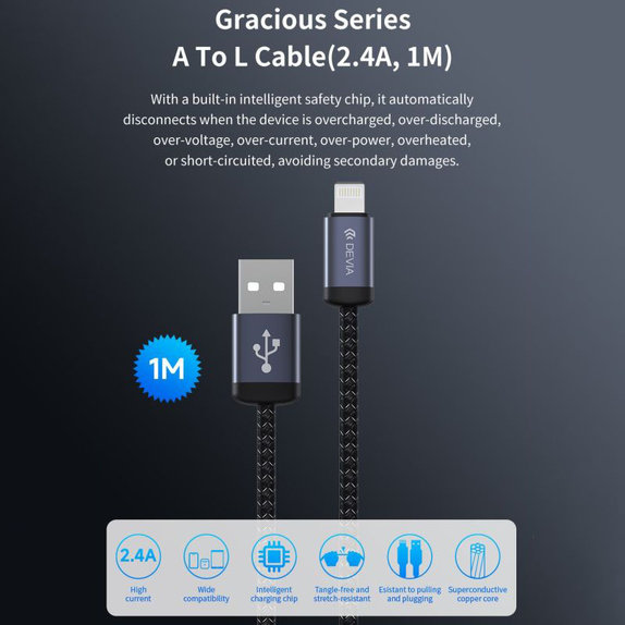 Кабел Lightning / USB Gracious, 2,4A, 1m, черен, Devia
