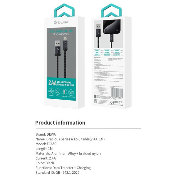 Кабел Lightning / USB Gracious, 2,4A, 1m, черен, Devia