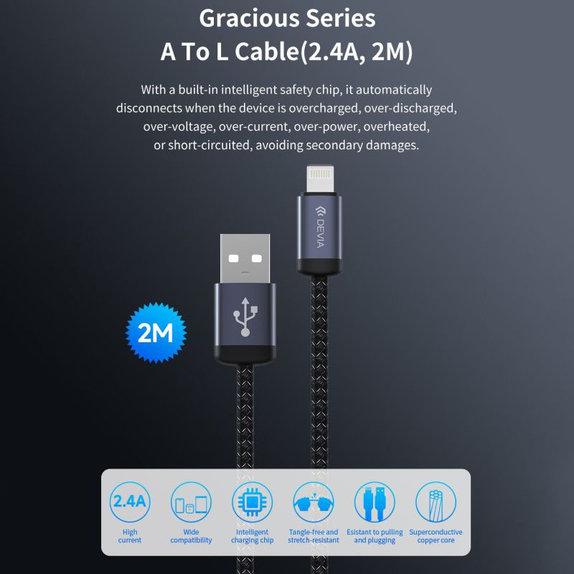 Кабел Lightning / USB Gracious, 2,4A, 2m, черен, Devia