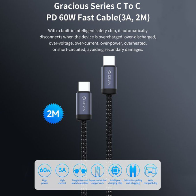 Кабел USB-C / USB-C Gracious, PD 60W, 2m, черен, Devia