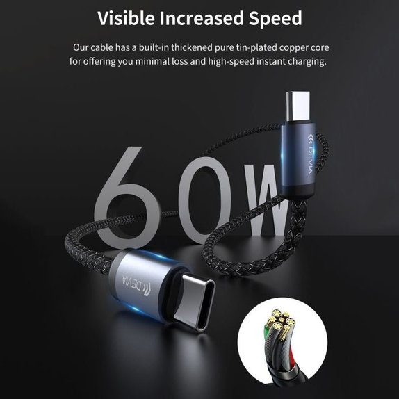 Кабел USB-C / USB-C Gracious, PD 60W, 2m, черен, Devia