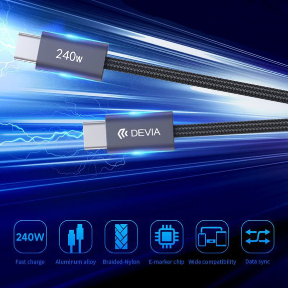 Кабел USB-C / USB-C Extreme Speed, PD 240W, 2m, черен, Devia
