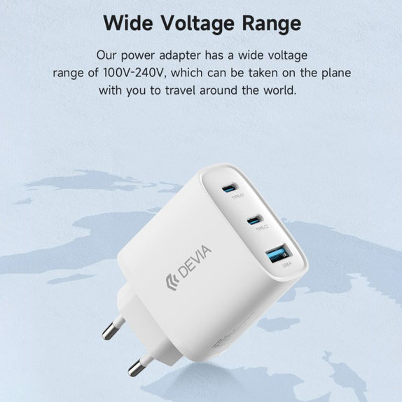 Зарядно Extreme Speed, 2x USB-C + USB-A, PD 65W, бяло, Devia