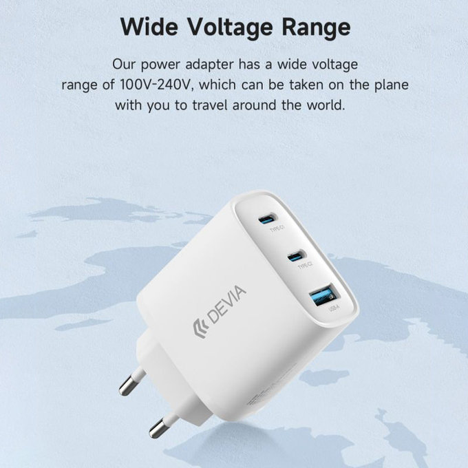 Зарядно Extreme Speed, 2x USB-C + USB-A, PD 65W, бяло, Devia