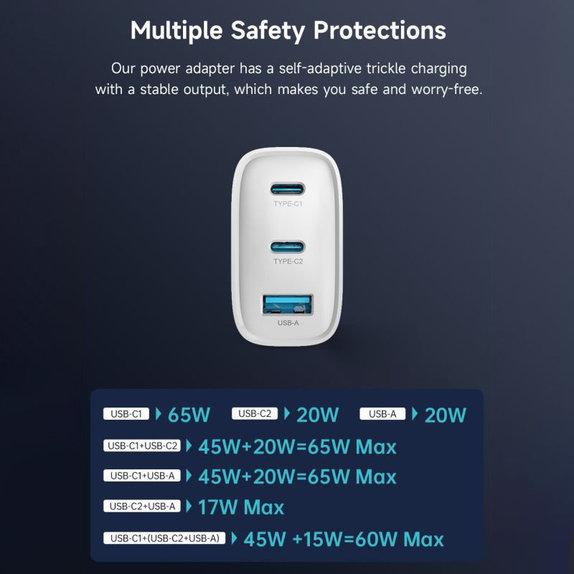 Зарядно Extreme Speed, 2x USB-C + USB-A, PD 65W, бяло, Devia
