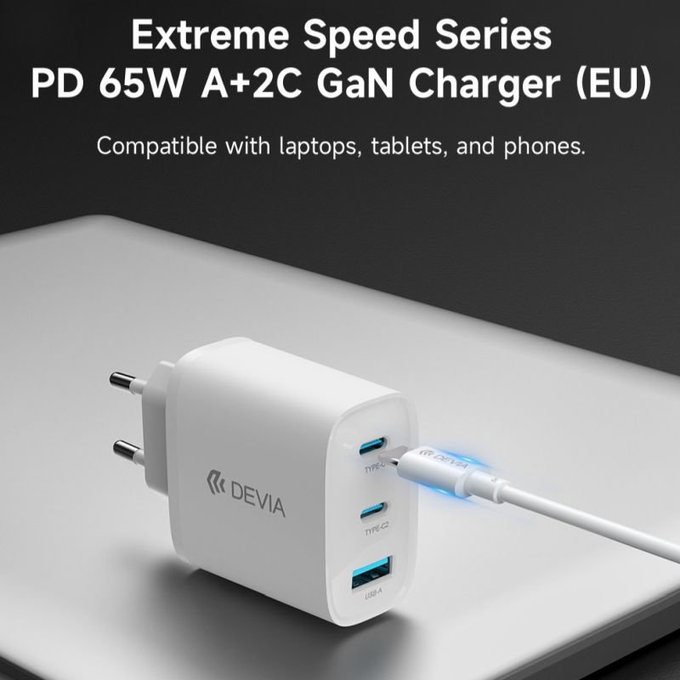 Зарядно Extreme Speed, 2x USB-C + USB-A, PD 65W, бяло, Devia