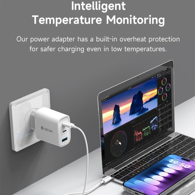 Зарядно Extreme Speed, 2x USB-C + USB-A, PD 65W, бяло, Devia