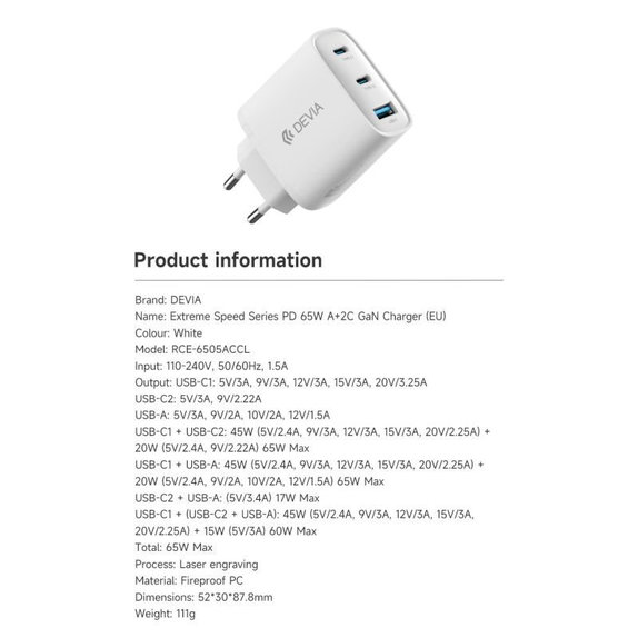 Зарядно Extreme Speed, 2x USB-C + USB-A, PD 65W, бяло, Devia