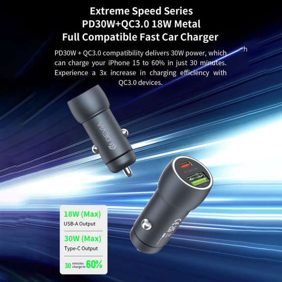 Автомобилно зарядно Extreme Speed USB-C + USB-A, PD 30W, QC 3.0 18W, сиво, Devia