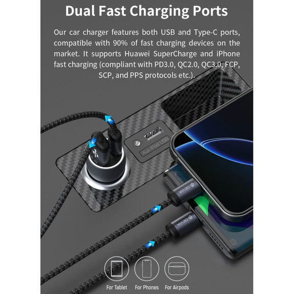 Автомобилно зарядно Extreme Speed USB-C + USB-A, PD 30W, QC 3.0 18W, сиво, Devia