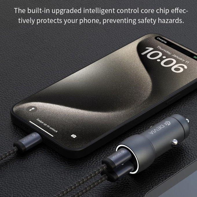 Автомобилно зарядно Extreme Speed USB-C + USB-A, PD 30W, QC 3.0 18W, сиво, Devia