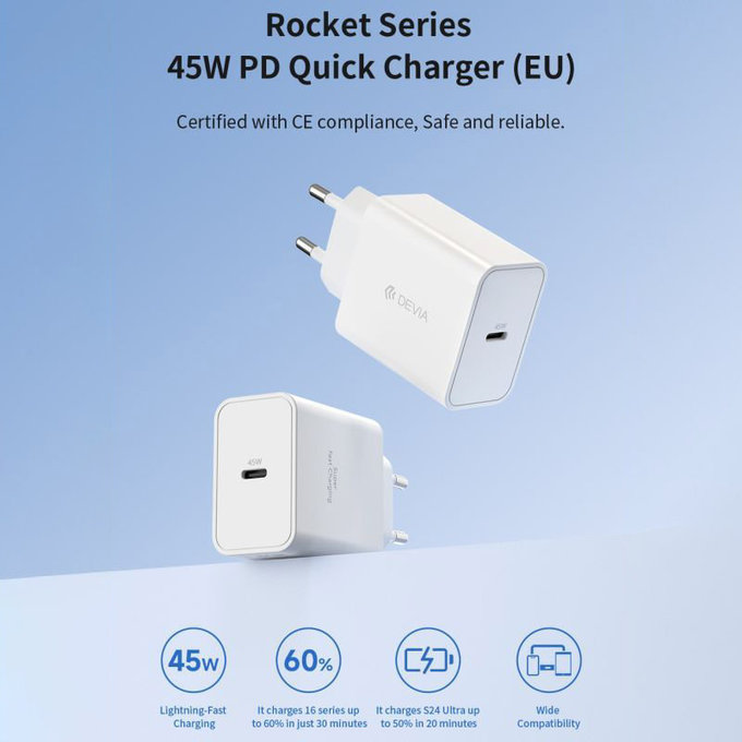 Зарядно Rocket USB-C, PD 45W, бяло, Devia